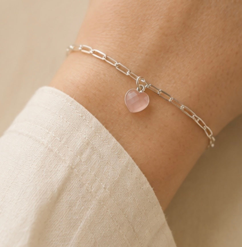 Rose Quartz Heart Paperclip Bracelet