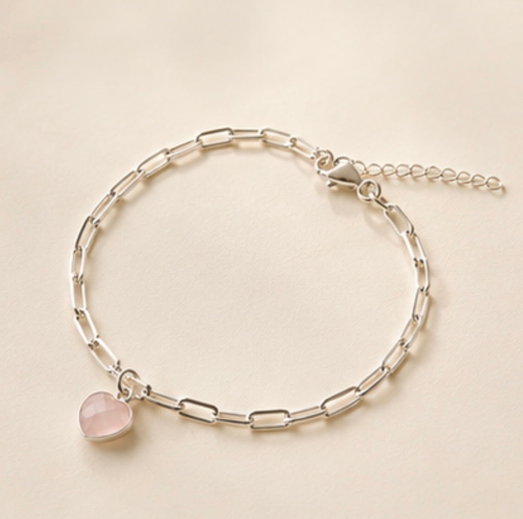 Rose Quartz Heart Paperclip Bracelet