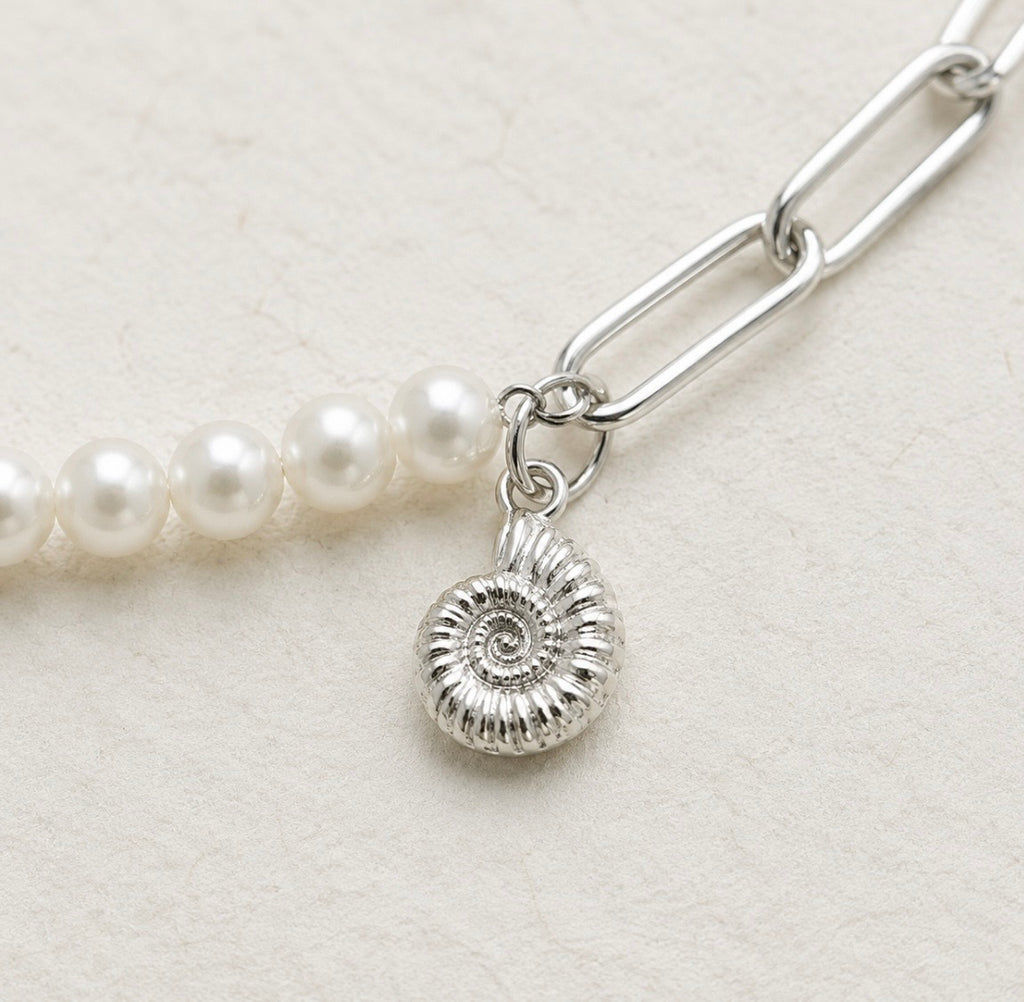 Silver Ammonite Pearl Paperclip Bracelet