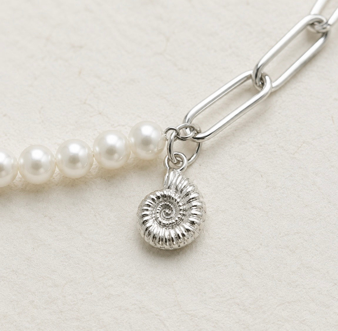 Silver Ammonite Pearl Paperclip Bracelet