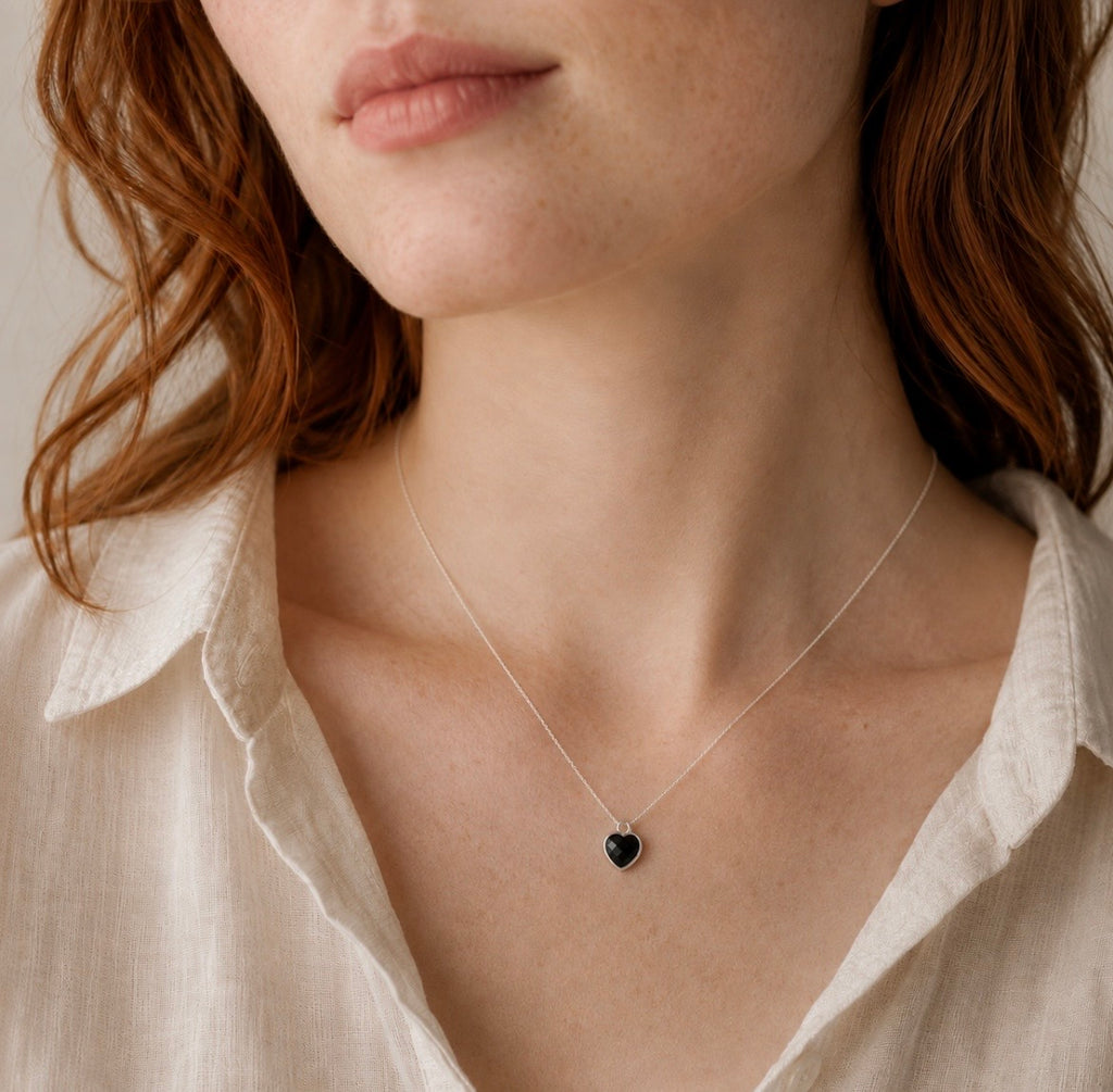 Black Onyx Heart Necklace in Sterling Silver