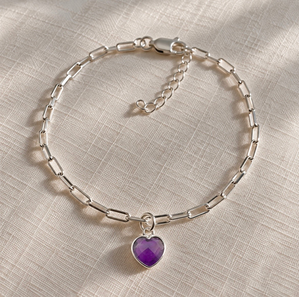 Amethyst Heart Paperclip Bracelet