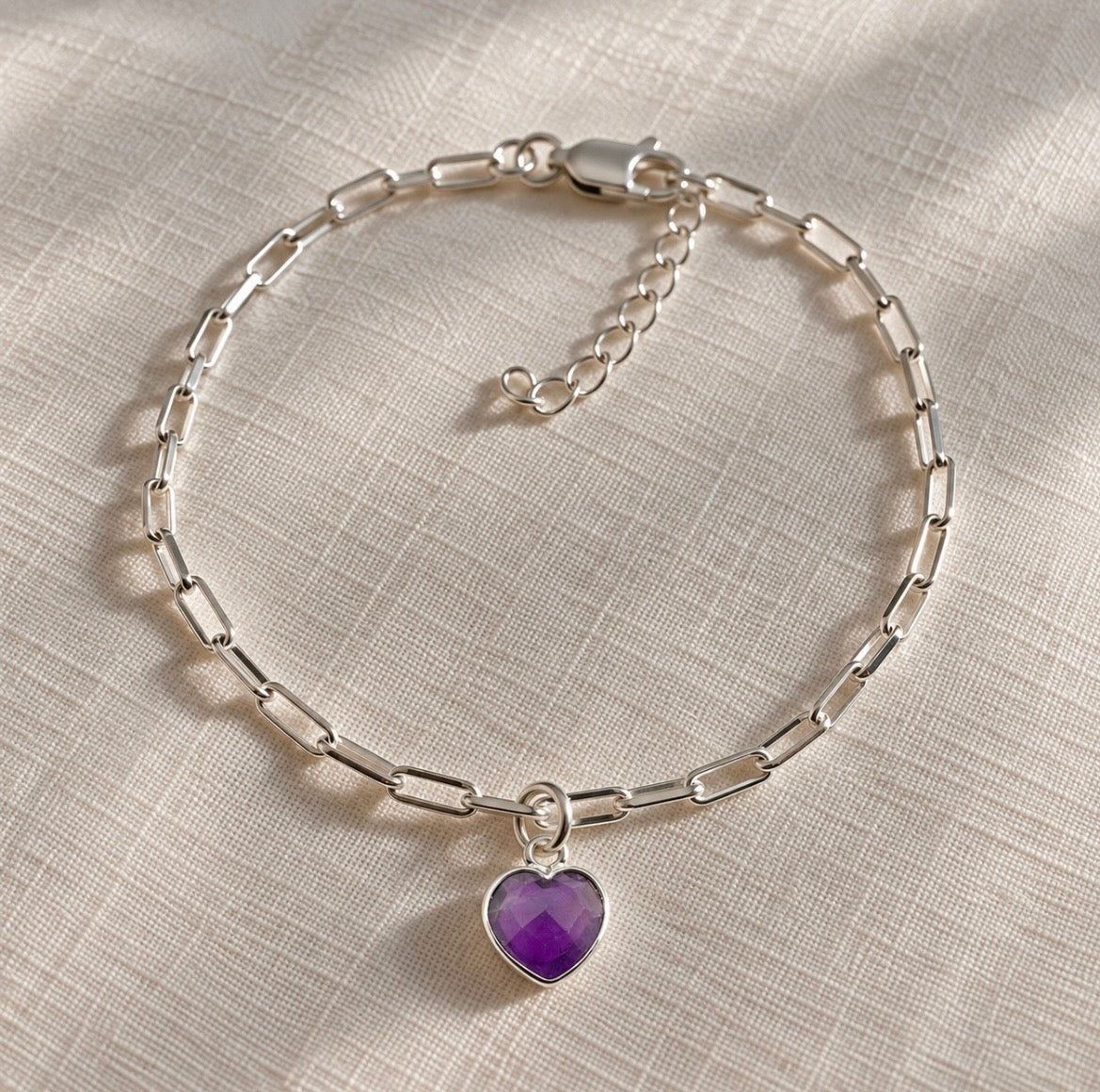 Amethyst Heart Paperclip Bracelet