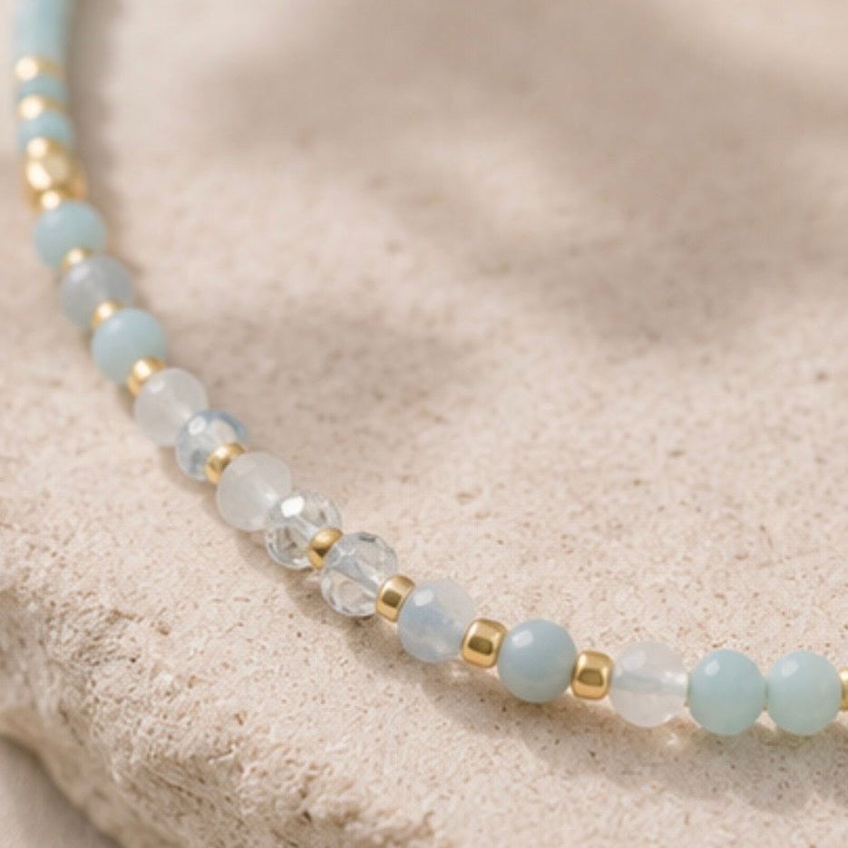 Aquamarine & Amazonite Peace gemstone and cord  Bracelet close up