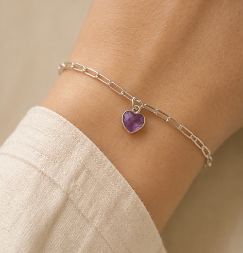 Amethyst Heart Paperclip Bracelet