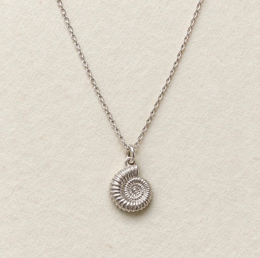 A silver chain necklace with a small spiral ammonite pendant, displayed on a textured off-white background.