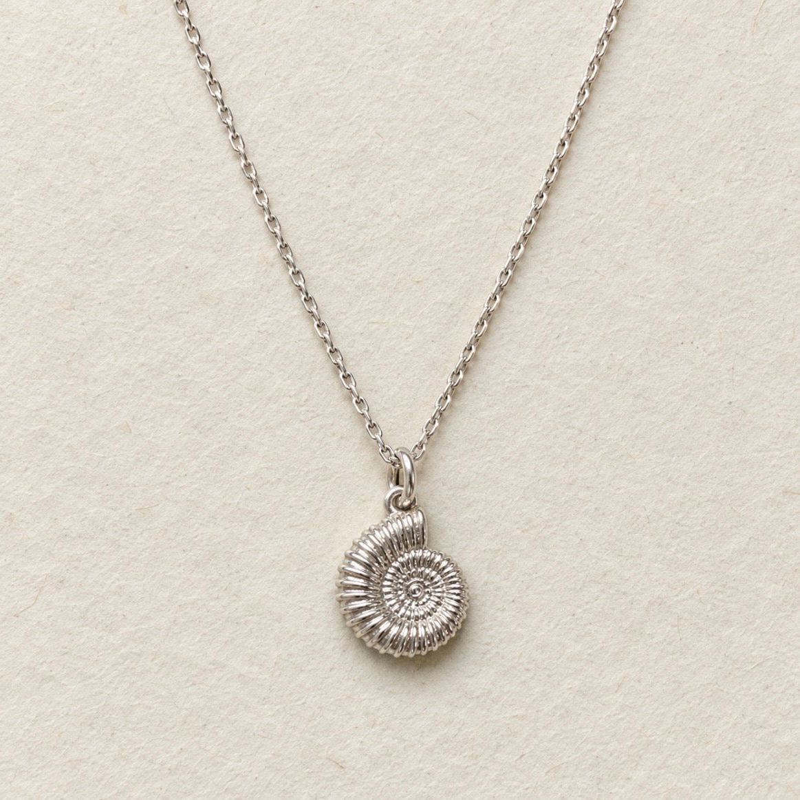 A silver chain necklace with a textured spiral shell pendant, displayed on a textured off-white background.