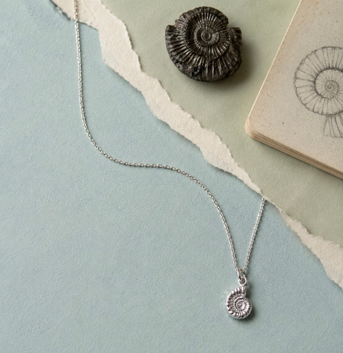 A silver chain necklace with a spiral ammonite pendant, styled on a pale blue surface with torn paper, a shell, and a sketchbook in the background.