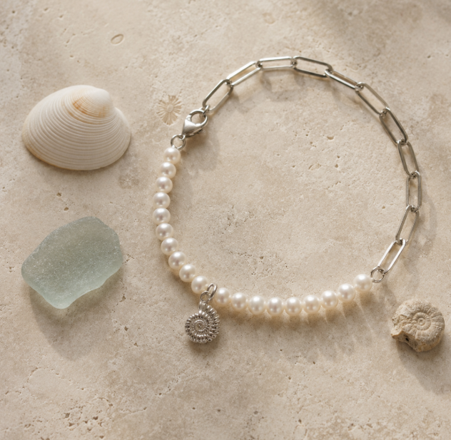 Silver Ammonite Pearl Paperclip Bracelet