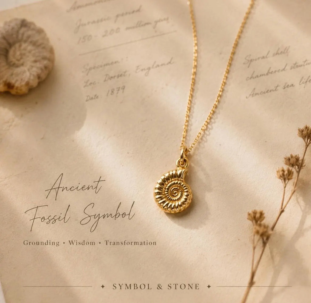 A gold necklace with a spiral ammonite pendant displayed on a beige textured paper background with decorative dried flowers and handwritten text.
