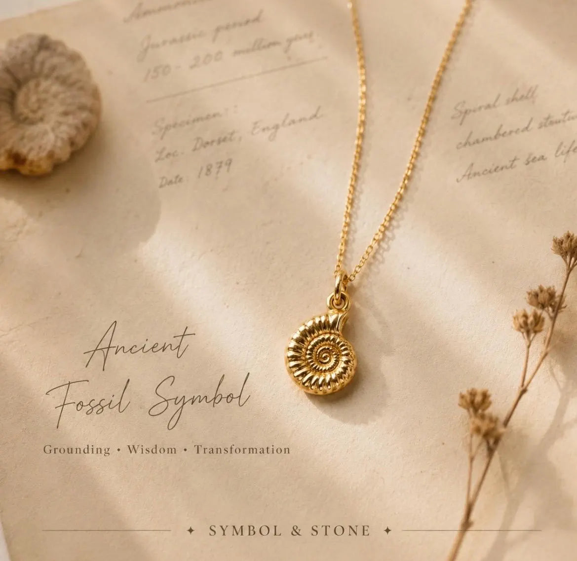 A gold necklace with a spiral ammonite pendant displayed on a beige textured paper background with decorative dried flowers and handwritten text.