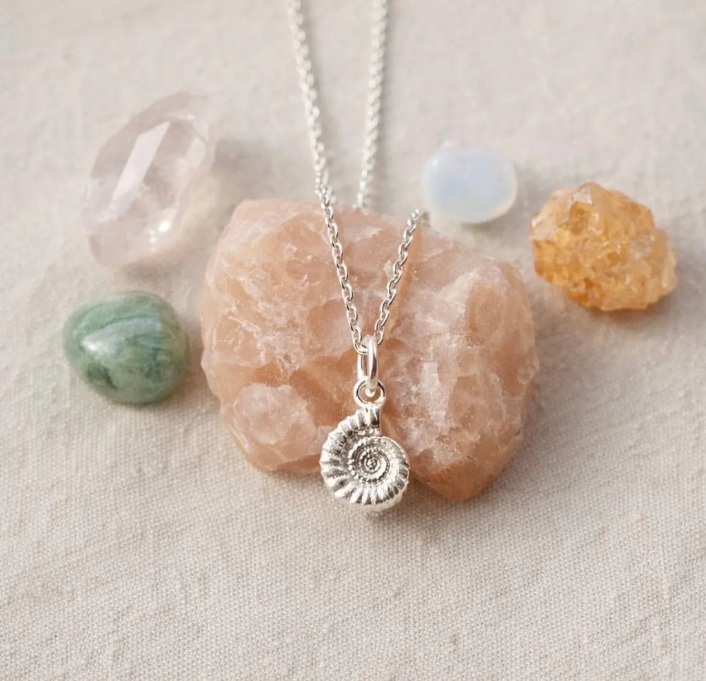 A silver necklace with a spiral ammonite pendant, displayed on a textured beige fabric background with decorative crystals.