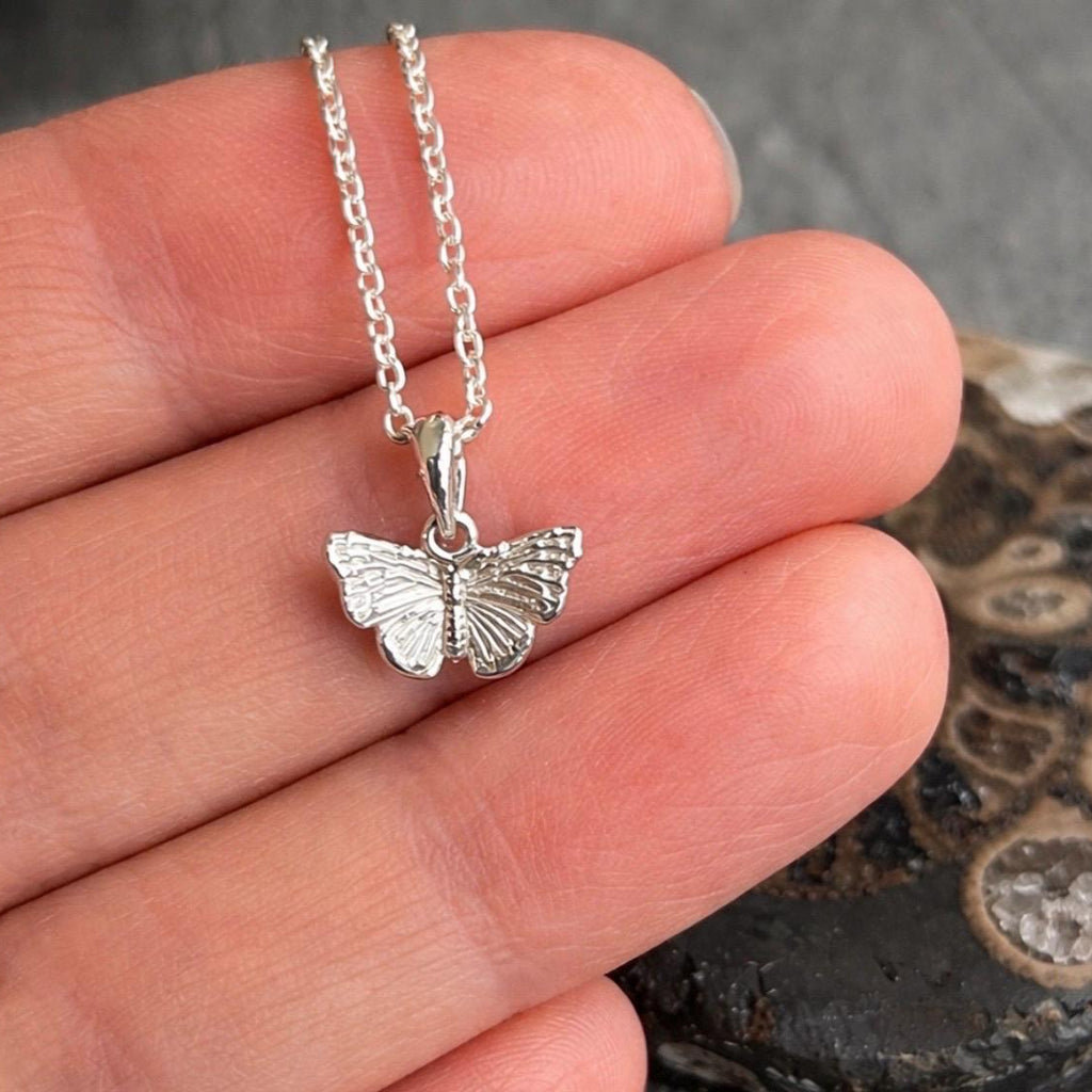 A silver butterfly pendant necklace on a delicate silver chain, held in a person's hand against a dark textured stone background.