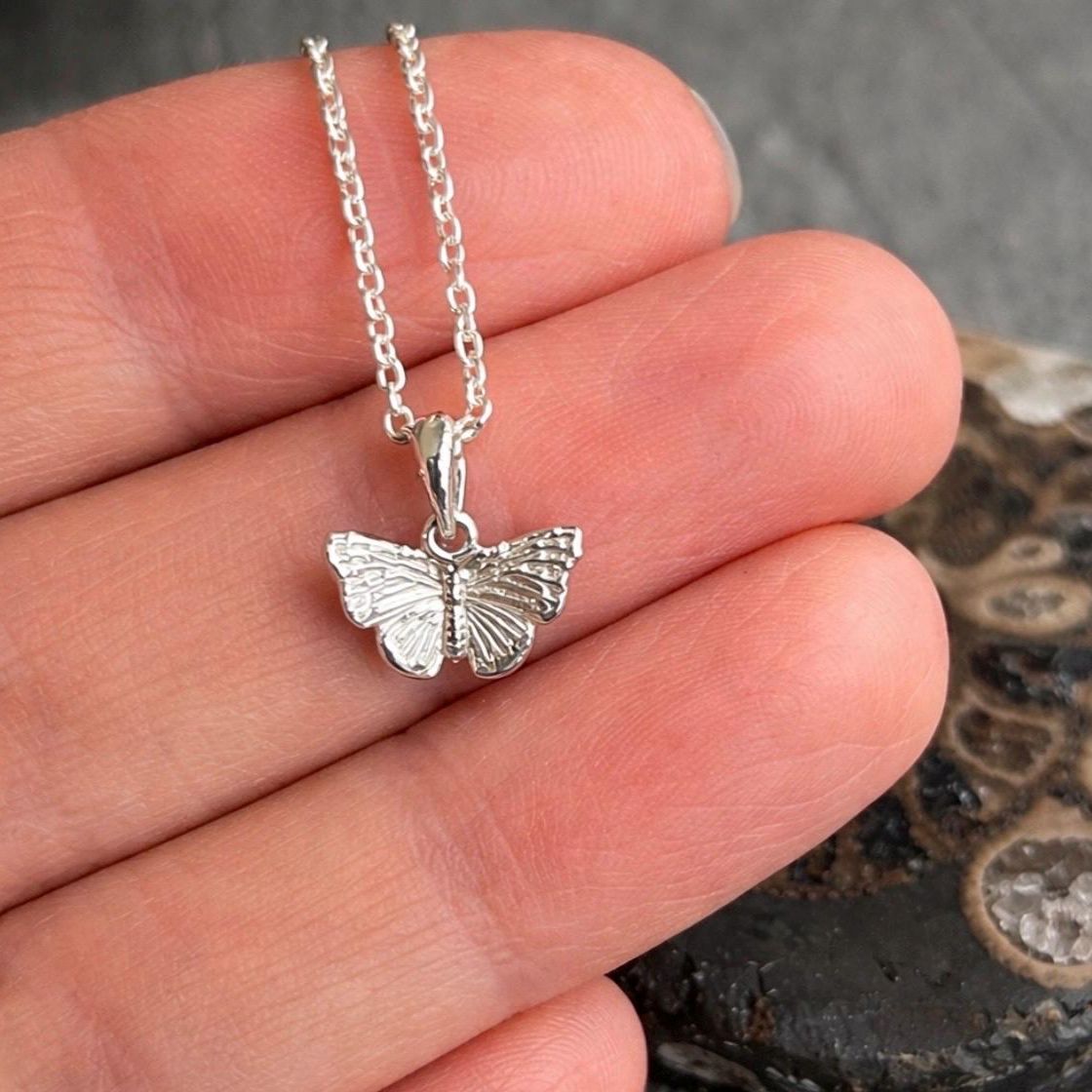 A silver butterfly pendant necklace on a delicate silver chain, held in a person's hand against a dark textured background.