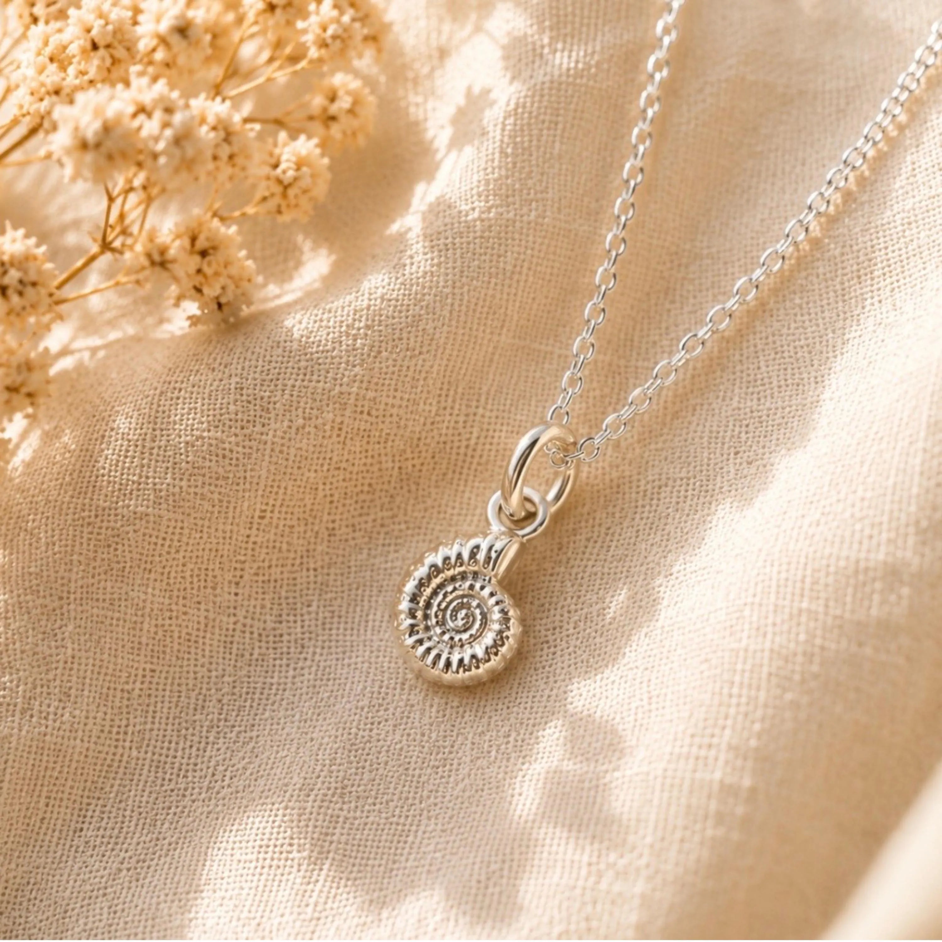 A silver chain necklace with a small spiral ammonite pendant, styled on a beige textured fabric with dried flowers in soft warm sunlight.